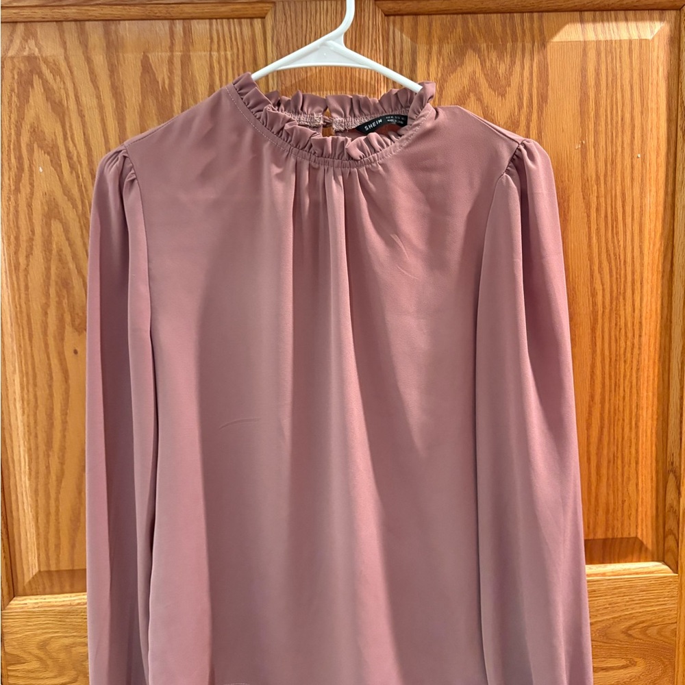 SHEIN Pink Ruffled Long Sleeve Blouse